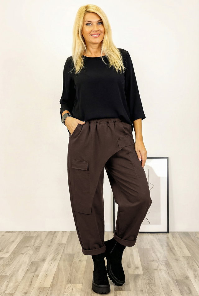 Pantaloni din jerseu de bumbac cu o parte petrecuta si buzunar lateral