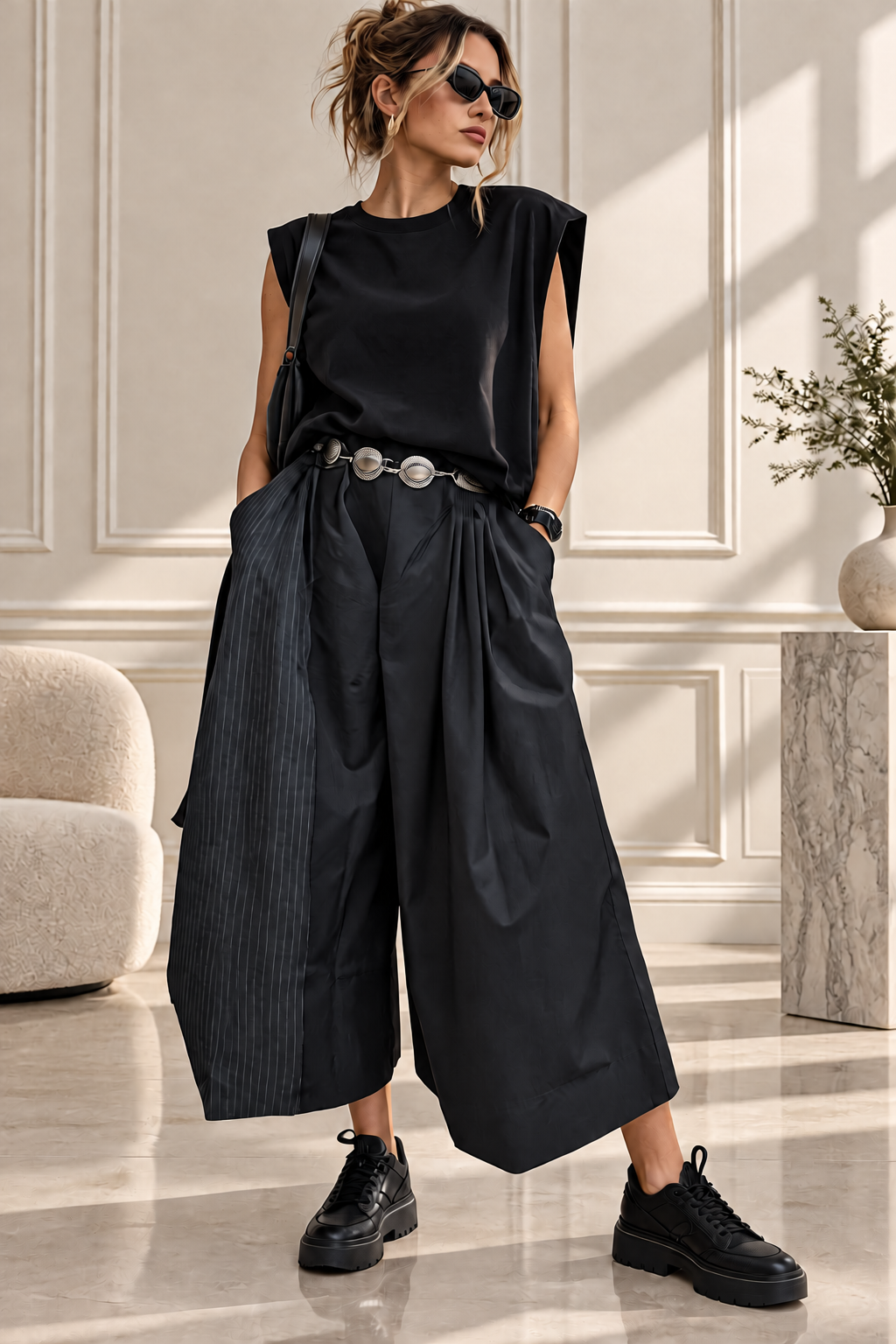 Pantaloni palazzo asimetrici cu panou suprapus in dungi si croi amplu, negri