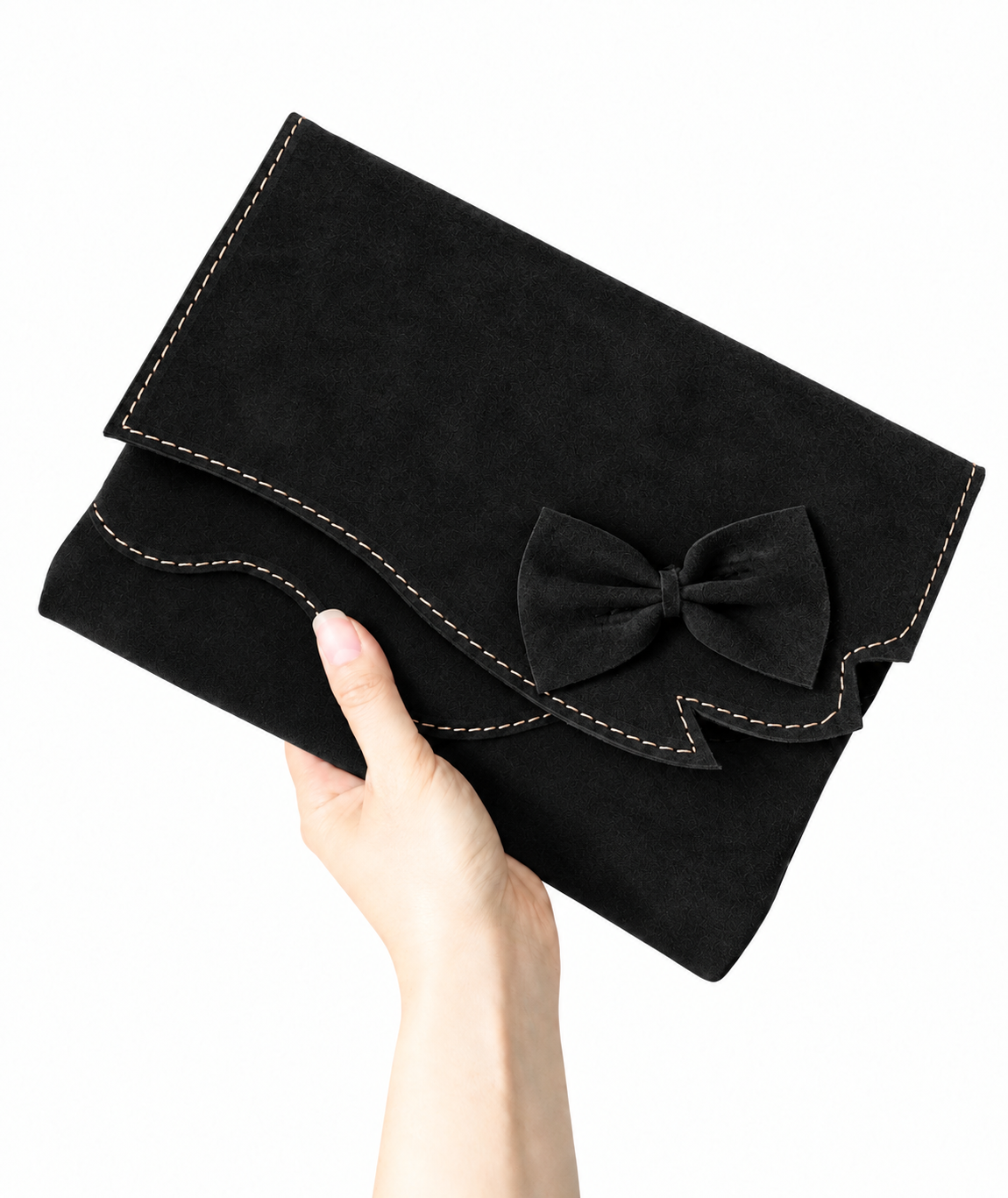 Plic negru handmade din piele naturala intoarsa , cu fundita cusuta