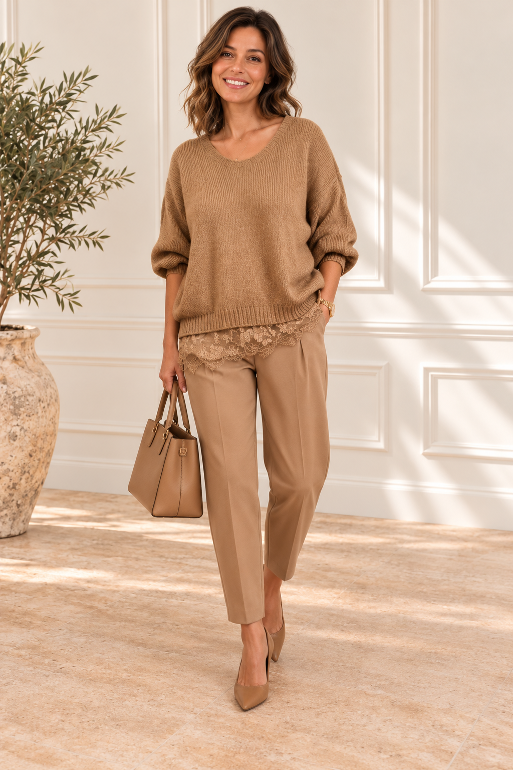 Pulover pufos camel, oversize cu dantela pe margini si decolteu in V