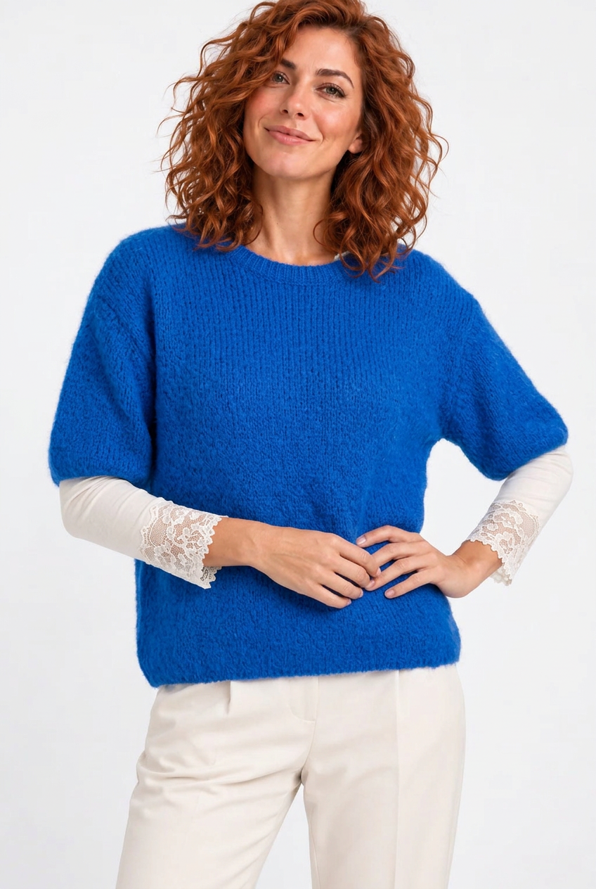 Pulover pufos cu maneca scurta, cu mohair si lana, albastru electric