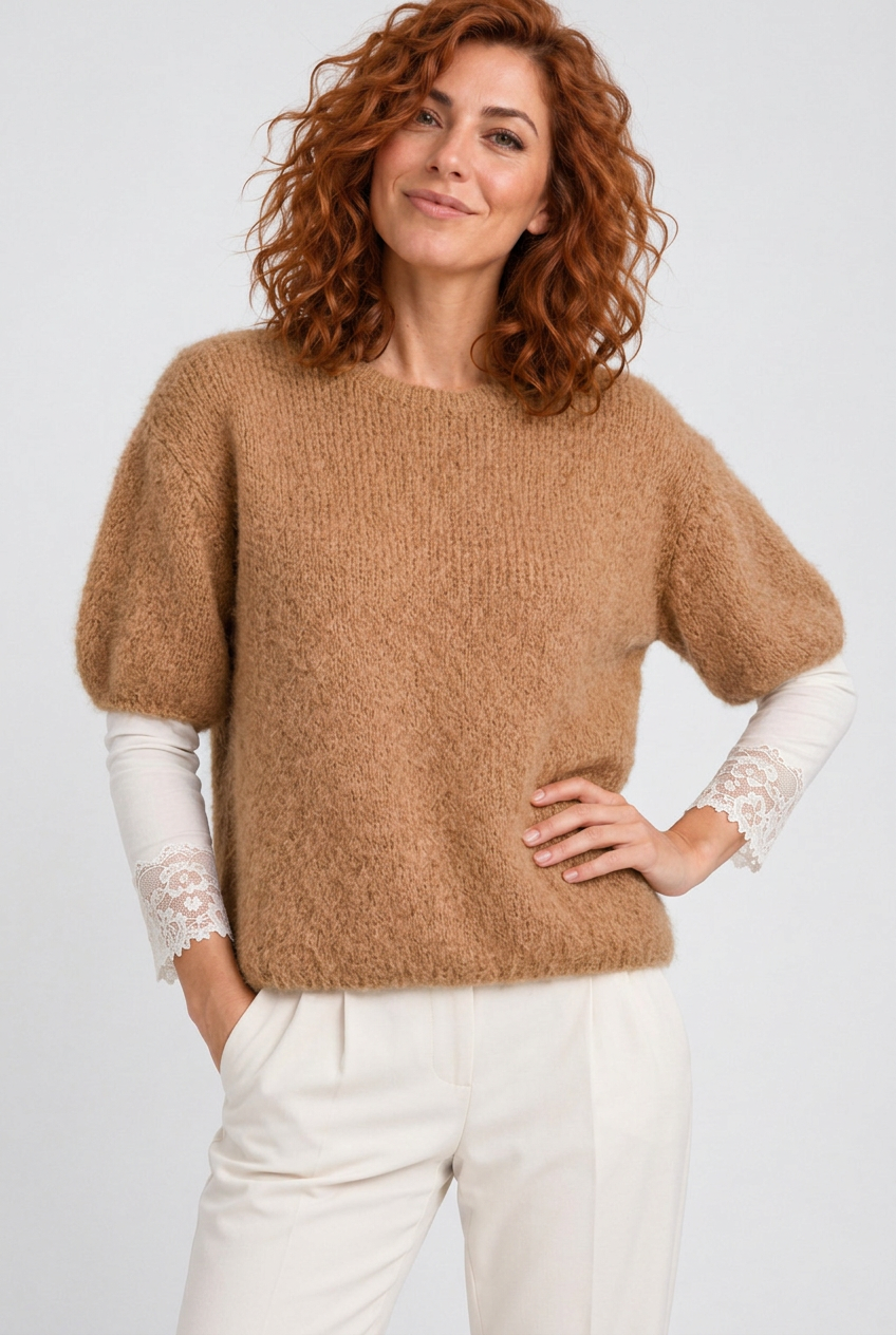 Pulover pufos cu maneca scurta, cu mohair si lana, camel