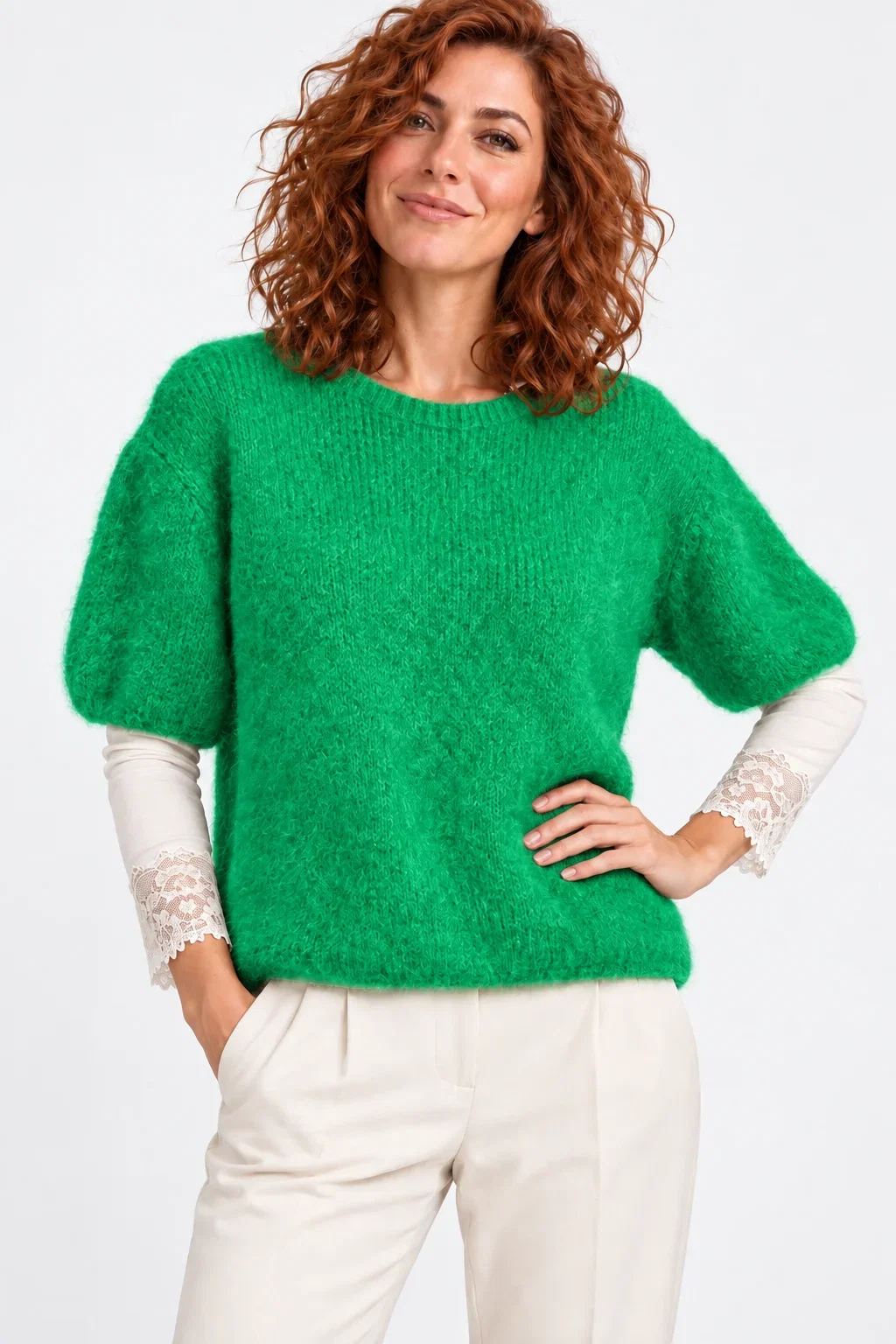 Pulover pufos cu maneca scurta, cu mohair si lana, verde