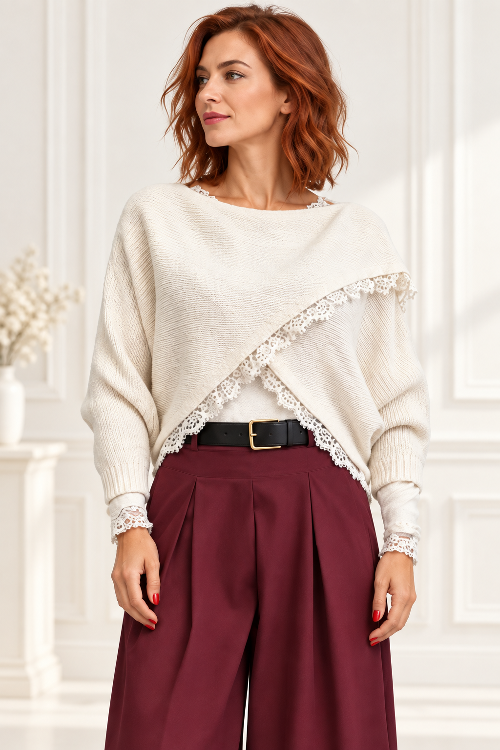 Pulover tip poncho petrecut asimetric, cu lana si dantela, alb ivory
