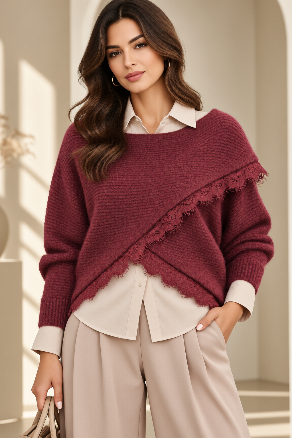 Pulover tip poncho petrecut asimetric, cu lana si dantela, bordo