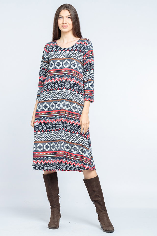 Rochie `A line` midi, imprimeu geometric bleumarin-rosu