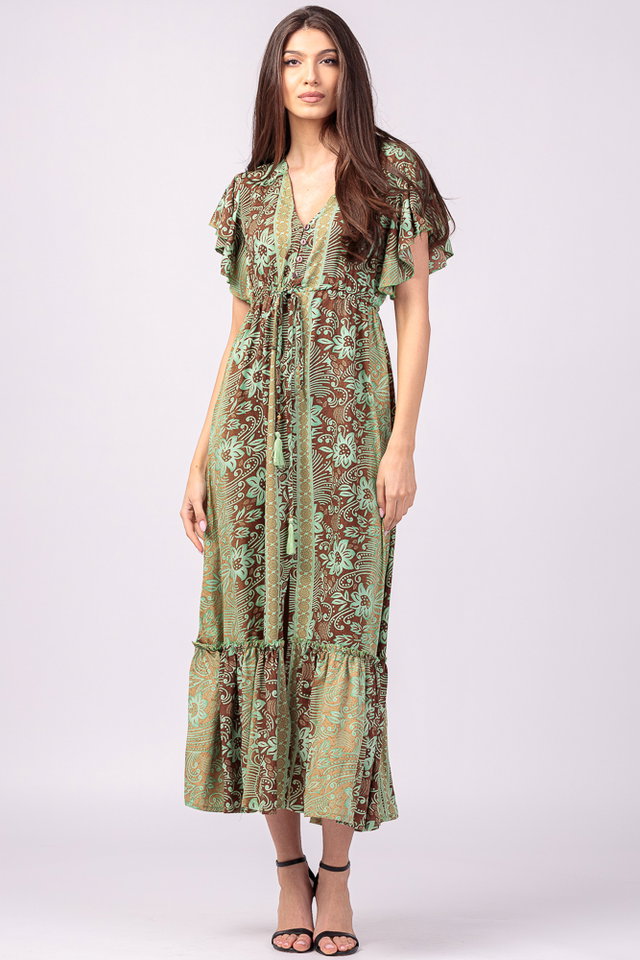 Rochie lunga cu volan si imprimeu floral, din matase indiana verde menta - maro