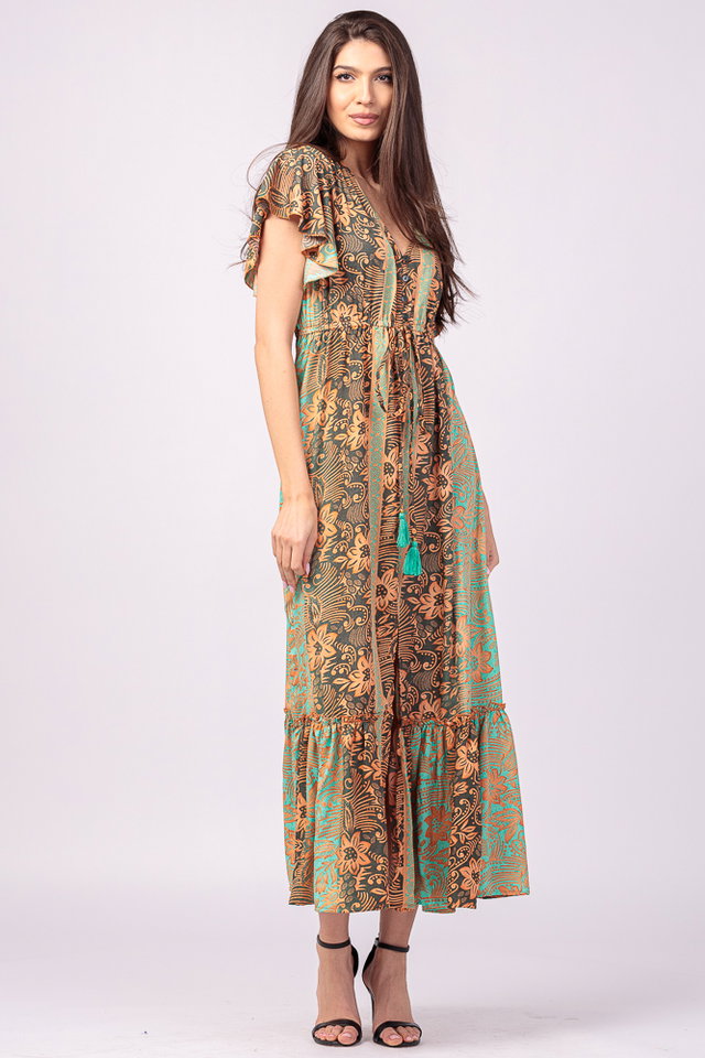 Rochie lunga cu volan si imprimeu floral, din matase indiana verde menta - portocaliu