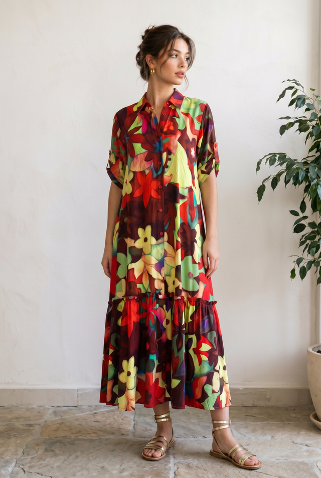 Rochie lunga multicolora din vascoza cu imprimeu floral artistic si volan amplu