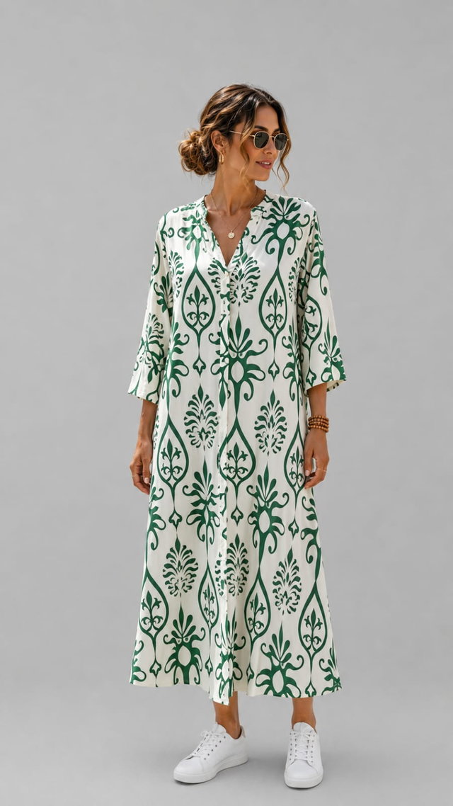Rochie lunga vaporoasa cu imprimeu mediteranean si nasturi, alb-verde
