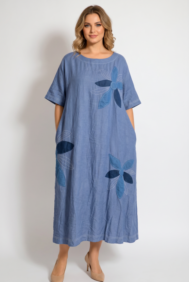 Rochie maxi bleu din denim subtire cu aplicatii florale couture