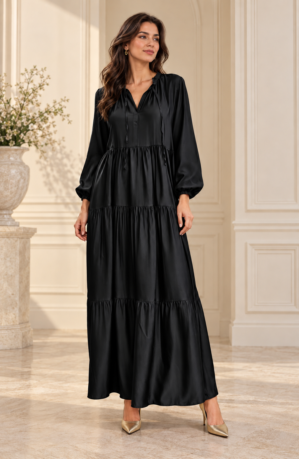 Rochie maxi satinata din matase si vascoza cu volane si croi amplu, neagra
