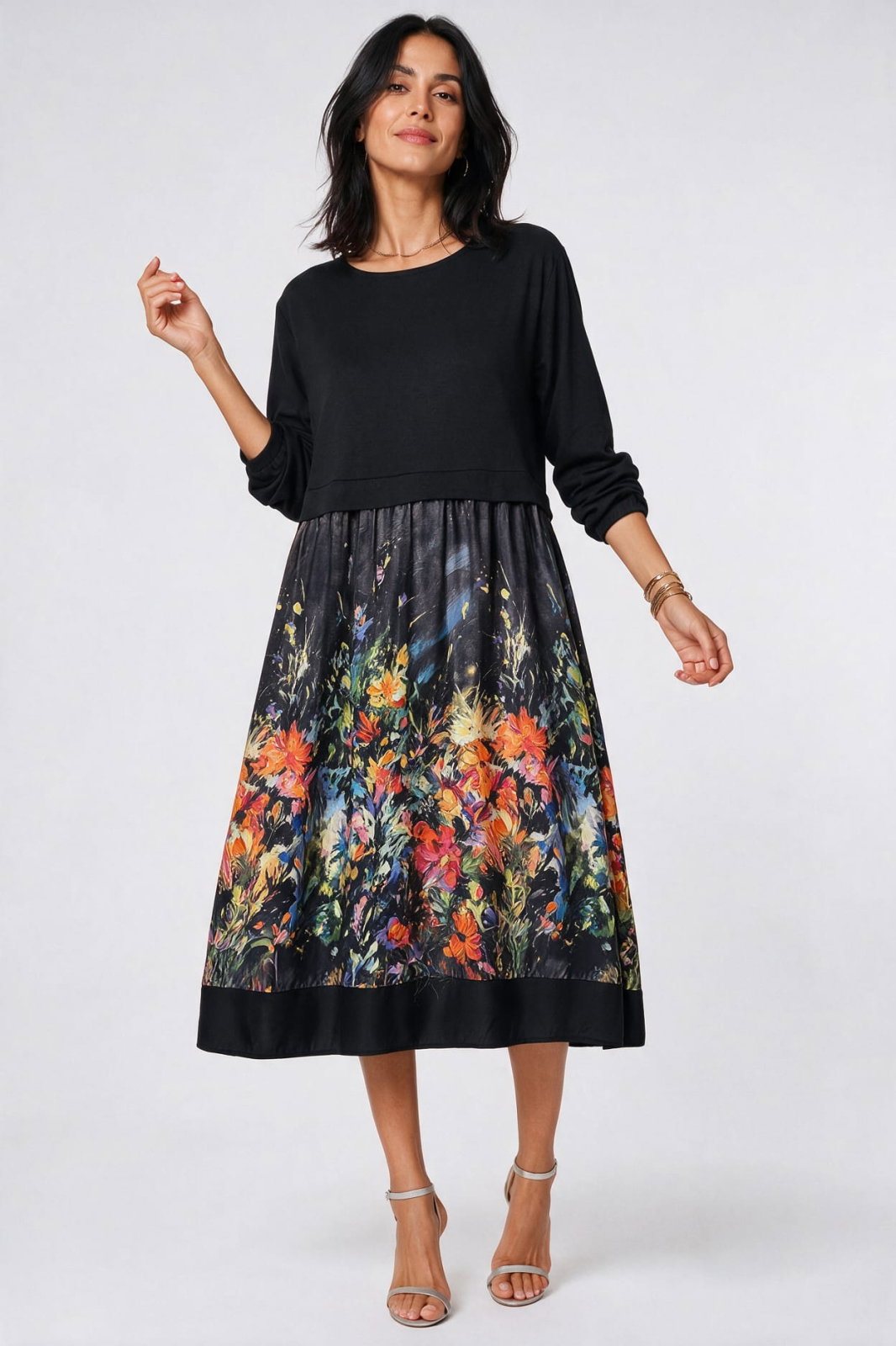 Rochie midi dama din jerseu si satin de matase cu imprimeu floral multicolor pe fond negru