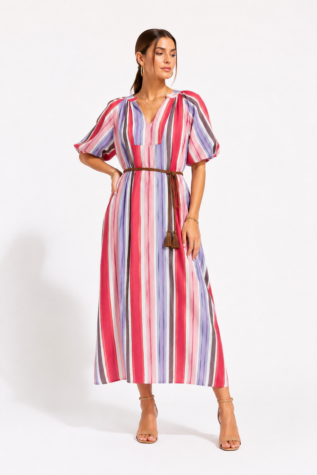 Rochie midi din vascoza cu imprimeu in dungi si maneci bufante rosu roz