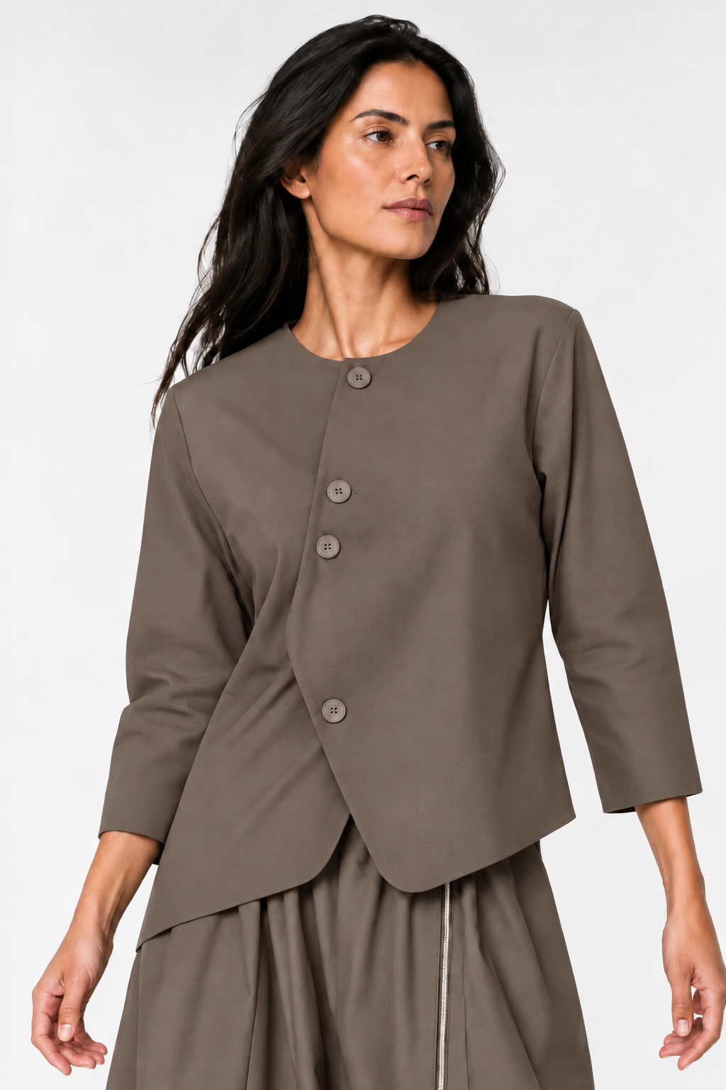 Sacou dama asimetric fara rever cu design arhitectural, bej fango