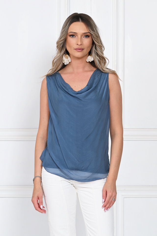 Top dama elegant lejer cu decolteu drapat si croi fluid, albastru jeans