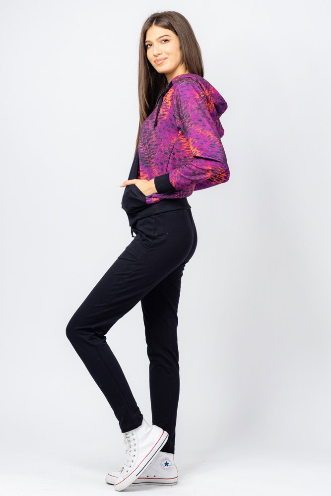 Trening dama bumbac doua piese, pantalon negru si hanorac cu mov si corai