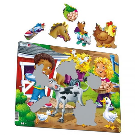 JOCURI SI JUCARII - Puzzle Copiii la Ferma cu Vitel, 18 Piese Larsen LRBM6