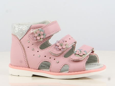 FASHION - Sandale roz cu floricele, din piele naturala moale