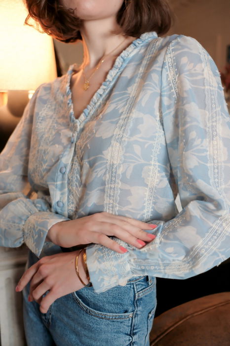 Camasa albastra cu print floral si detalii brodate, 4819T M9 [1]