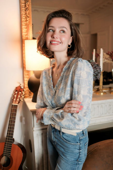 Camasa albastra cu print floral si detalii brodate, 4819T M9 [2]