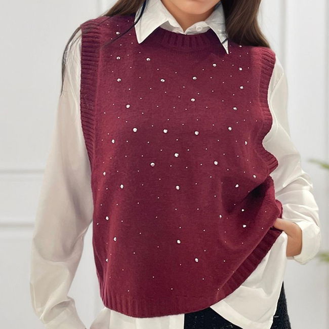 Pulover bordo fara maneci cu strasuri A-9015 M9 [3]