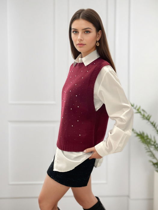 Pulover bordo fara maneci cu strasuri A-9015 M9 [2]