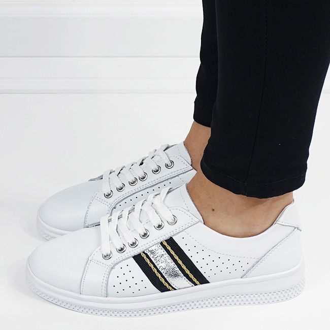 Sneakersi albi cu detalii argintii din piele naturala 5088 M7 [4]