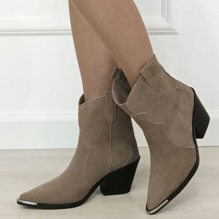 Ghete - Cizme scurte kaki din piele naturala cu toc comod 6397 114