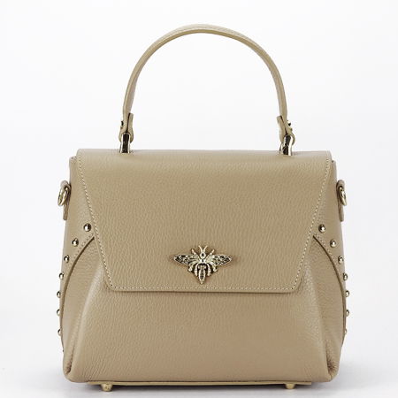 Posete - Geanta din piele naturala bej taupe cu brosa 1505A 123