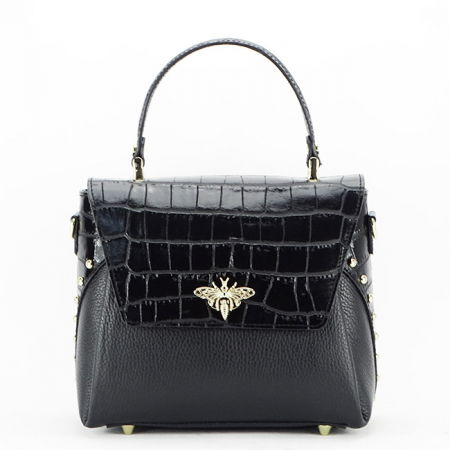 Posete - Geanta din piele naturala neagra cu brosa 1505 122