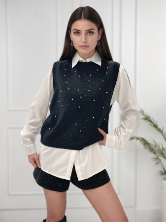 Pulovere si cardigane - Pulover negru fara maneci cu strasuri A-9015 M9