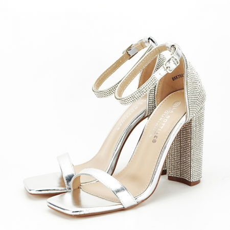 Sandale cu toc - Sandale argintii cu toc gros BKK7951 128