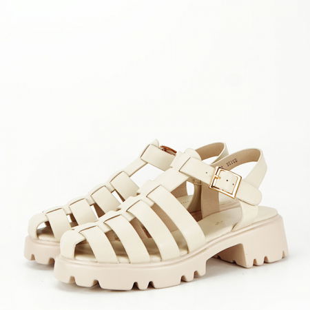 Sandale cu talpa joasa - Sandale late bej cu talpa groasa 8067 129