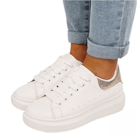 Pantofi sport si sneakers - Sneakers albi/aurii cu talpa groasa M-8826 M7