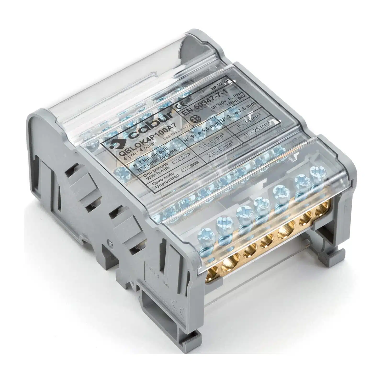 Comutatoare, Cleme - Distribuitor 4 poli, 100A, 7 orificii, QBLOK4P100A7, QBLOK4100, CABUR