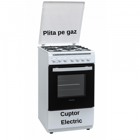 Aragaz mixt Heinner HFSC-V60LITGC-WH, 4 arzatoare gaz, Dispozitiv de siguranta plita, Aprindere electrica, Cuptor electric, GPL + GAZ, Timer, Grill, Clasa A, 50 cm, Alb