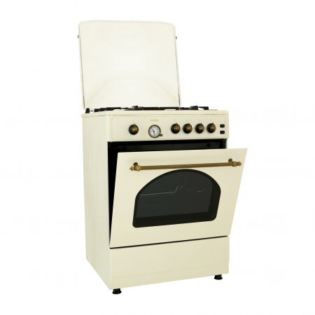 Aragaz Rustic Samus SR660G4C1 – 4 arzătoare pe gaz, cuptor pe gaz 55L, aprindere electrică, timer analogic, grătare din fontă, capac din sticlă, culoare bej