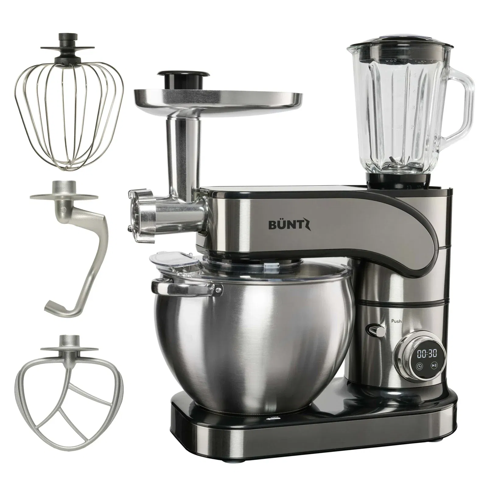 Mixer cu bol BÜNTZ, 10L, 2000W, 6 trepte viteză, funcții de frământare, tocare și mixare, bol inox, sistem siguranță, Gri