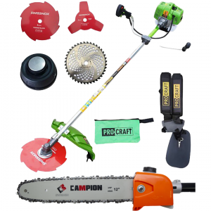 GRADINA - PACHET Motocoasa PROCRAFT 4350, putere 6 CP, 58 CC, 5 accesorii, 4 moduri de taiere + Dispozitiv cap de drujba, de taiat crengile la inaltime