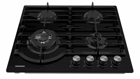 Plita incorporabila Heinner HBH-M447IWFGBK, Gaz, 4 arzatoare, Gratar fonta, Wok, Aprindere electrica, Dispozitiv de siguranta, 60 cm, Duze GPL incluse, Sticla neagra