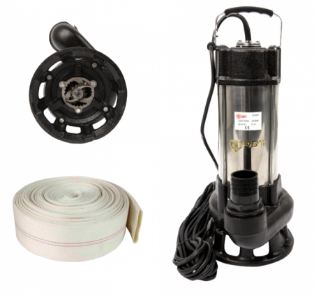 GRADINA - Pompa submersibila cu dublu tocator pentru apa murdara, DDT, V1500T, 1500 W, Inox  + Furtun apa, tip pompier, 2 toli, 20M