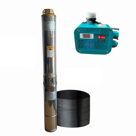 PACHET Hidrofor - Pompa submersibila DRK, Model 4STM4-8, putere 1.8 kW, debit 5m3/h, 8 turbine + Presostat electronic DRK, Model PC-58, 1kW, 220 V, 10 Bar