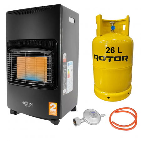 Soba pe gaz GPL BÖHM BF-003A, 4,20 kW, 3 trepte de putere, 20-80 m², Regulator GPL + Furtun GPL 1,5 m + Butelie GPL 26L