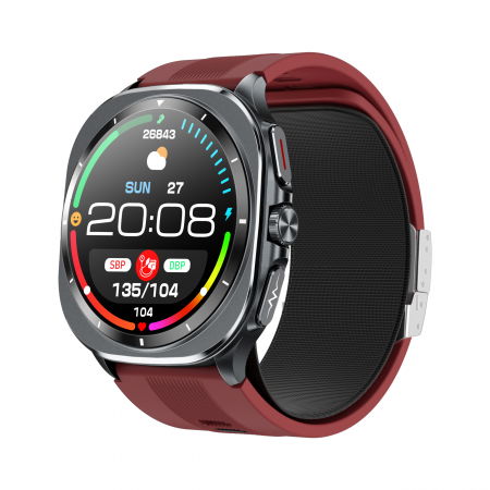iSEN - Smartwatch iSEN TK65 Rosu, 1.43"AMOLED, Tensiometru cu manseta gonflabila, Moduri sport, Monitorizare sanatate si somn, Apel BT, Control muzica, Prognoza vremii, NFC, 530mAh