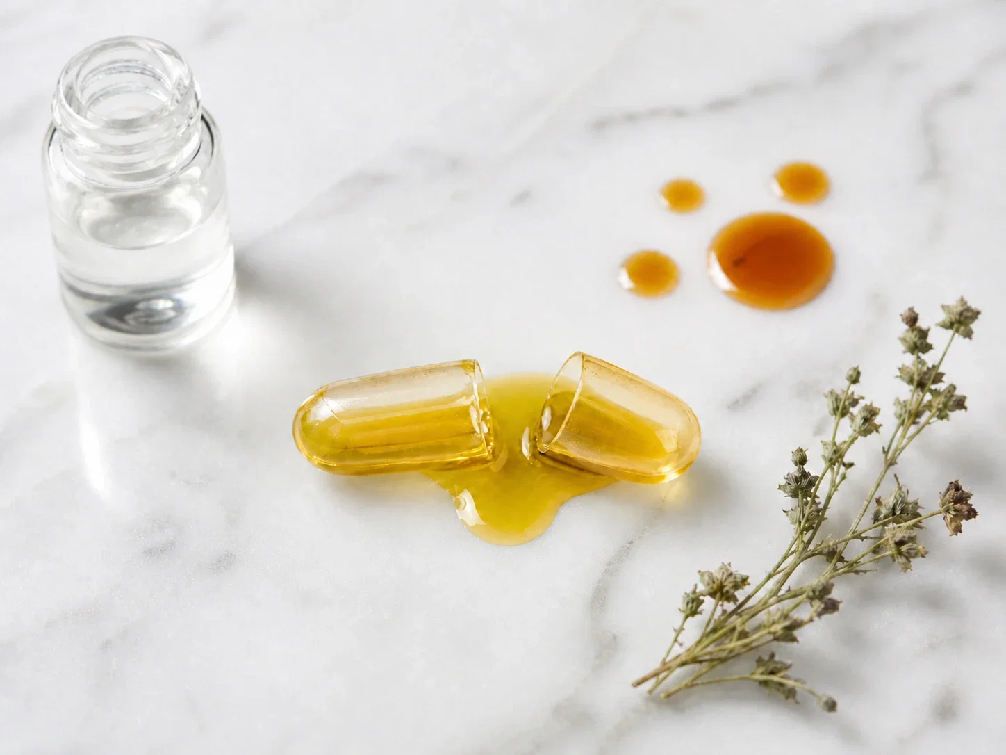 Capsule softgel deschise cu ulei de canabis scurs, alături de plante uscate reprezentând terpenele naturale