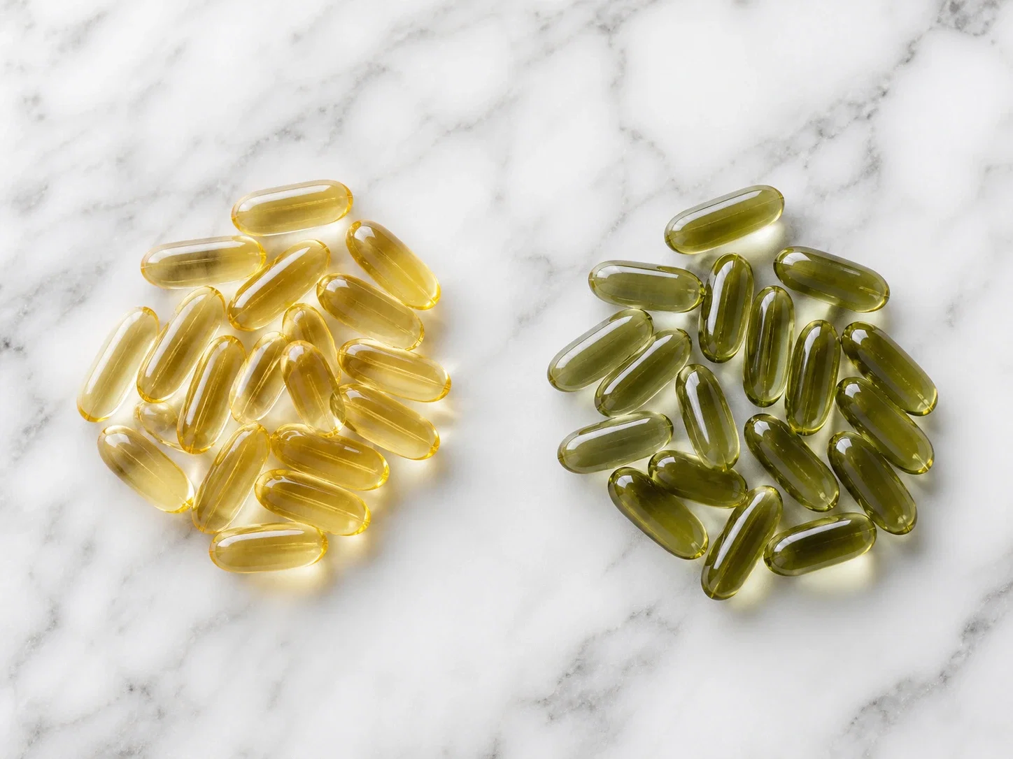 Două tipuri de capsule softgel capsule galbene pai și capsule verde-închis, reprezentând formule diferite de ulei de canabis