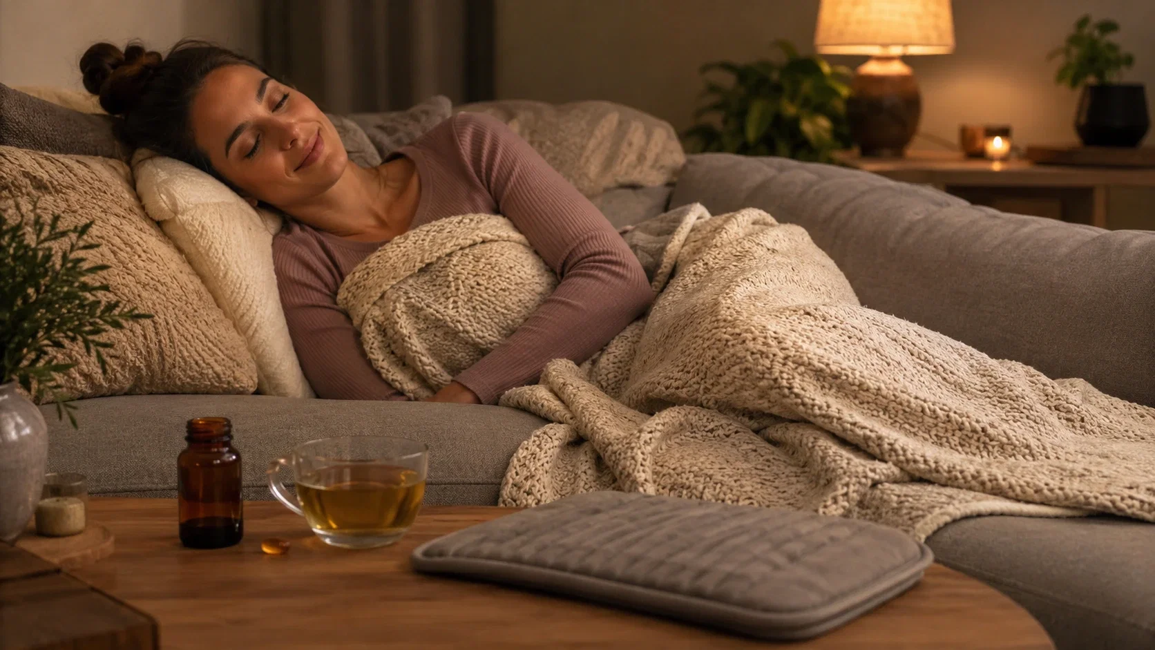 Femeie relaxată pe canapea învelită într-o pătură, cu o capsulă CBD și o ceașcă de ceai pe măsuță, rutină de îngrijire personală