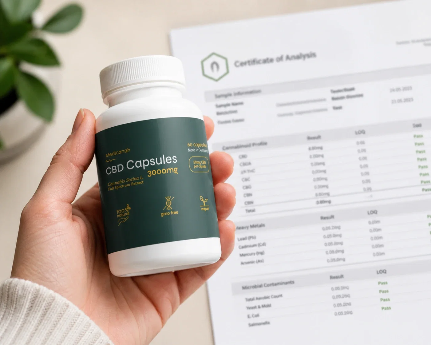 Flacon de capsule CBD Medicanah 3000mg ținut în mână în fața unui Certificate of Analysis