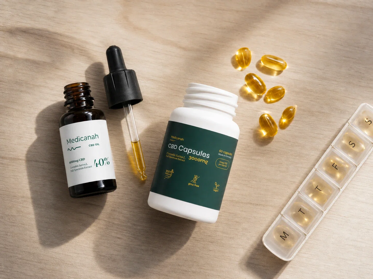 Flacon ulei CBD Medicanah 40% și capsule CBD 3000mg alături de un organizator săptămânal de suplimente